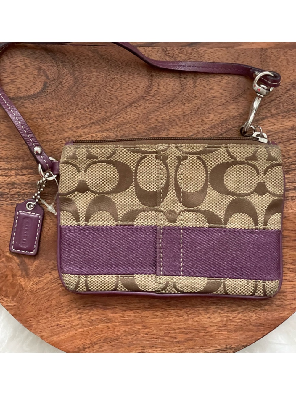 COACH Brown Signature Jacquard Wristlet w/Purple Stripe